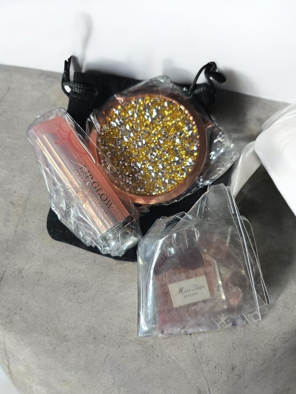 Gold Crystal Compact Mirror & Dior Lipstick & dabber